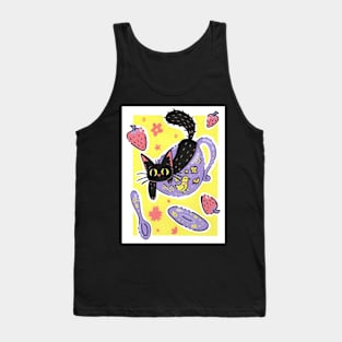 Cute Black Teacup Kitty and Strawberries in Acrylic Tank Top